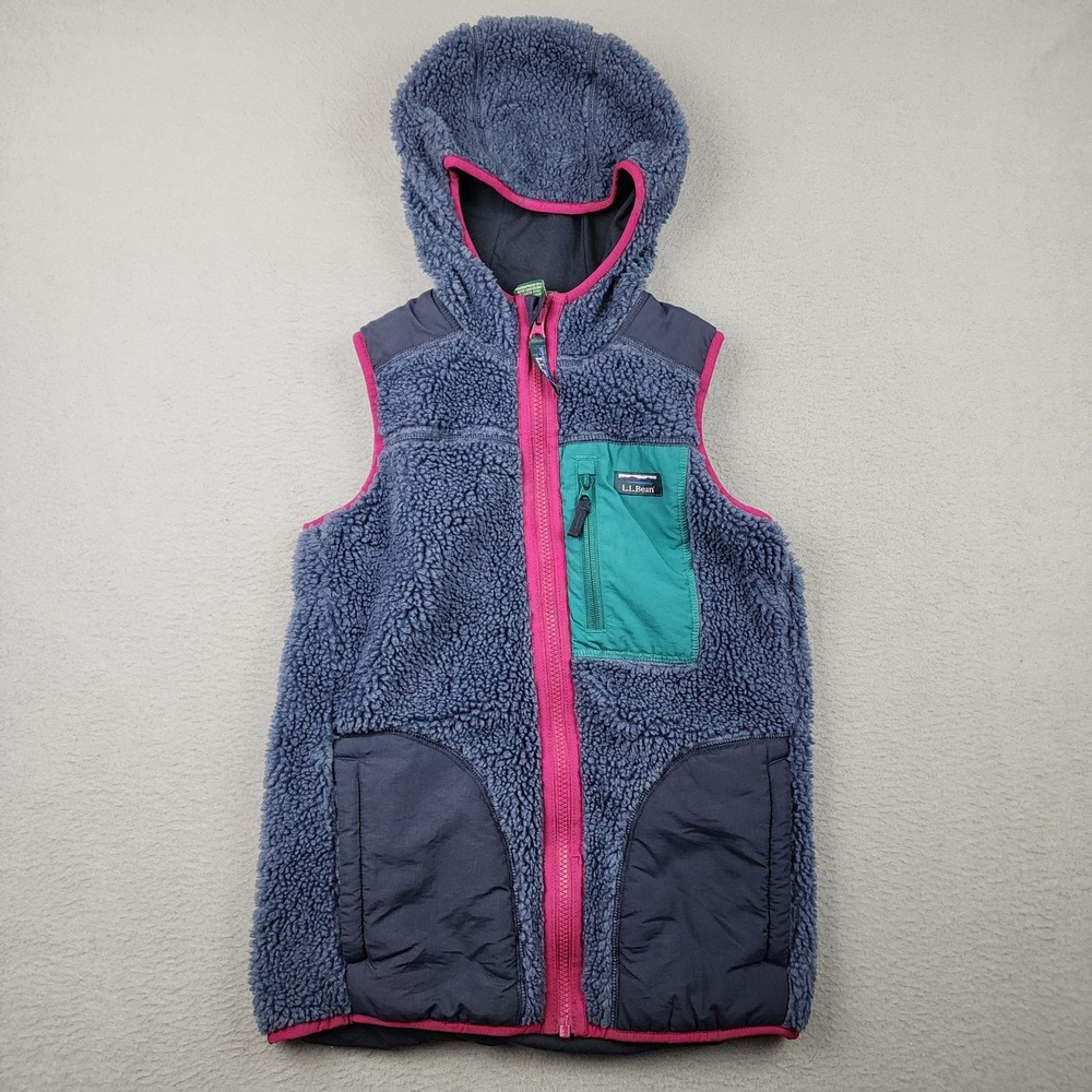 LL Bean Vest Youth M 10-12 Blue Hooded Sherpa Fleece Zip Pockets Hiking Outdoor